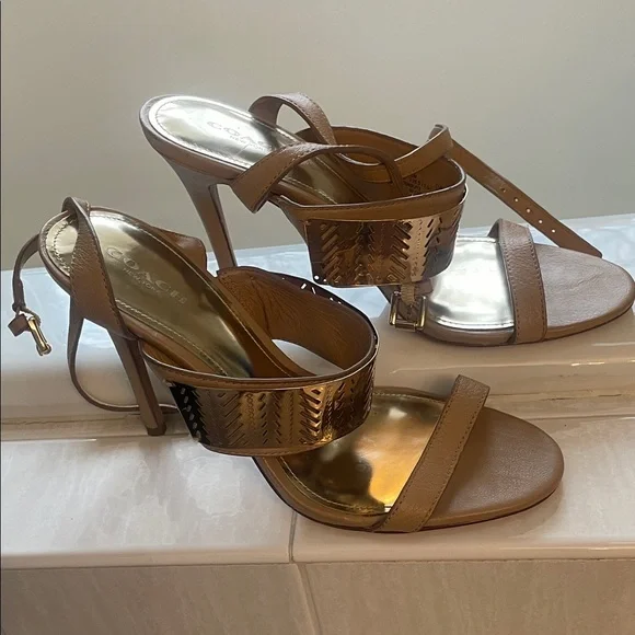 Coach Brown and Gold Strappy Heels - Picture 1 of 9